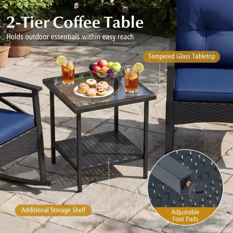 Gymax Set of 3 Patio Bistro Set w/ Glider Rocking Chairs Tempered Glass Coffee Table & Cushions
