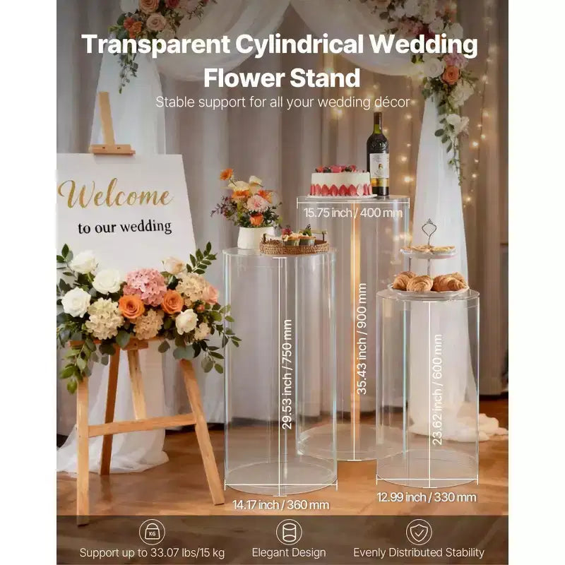 VEVOR Wedding Flower Stand, 3PCS 23.62/29.53/35.43 inch Round Cylinder Plinth, with Transparent Acrylic Lid, Cylindrical Pedestal Stands,Clear