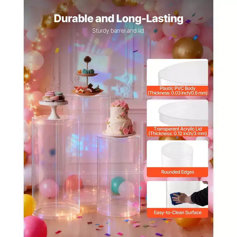 VEVOR Wedding Flower Stand, 3PCS 23.62/29.53/35.43 inch Round Cylinder Plinth, with Transparent Acrylic Lid, Cylindrical Pedestal Stands,Clear