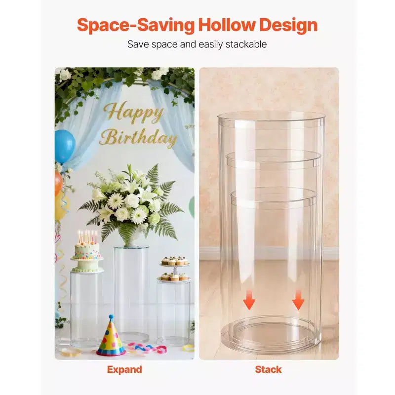 VEVOR Wedding Flower Stand, 3PCS 23.62/29.53/35.43 inch Round Cylinder Plinth, with Transparent Acrylic Lid, Cylindrical Pedestal Stands,Clear