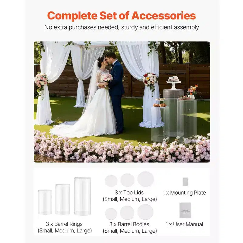 VEVOR Wedding Flower Stand, 3PCS 23.62/29.53/35.43 inch Round Cylinder Plinth, with Transparent Acrylic Lid, Cylindrical Pedestal Stands,Clear