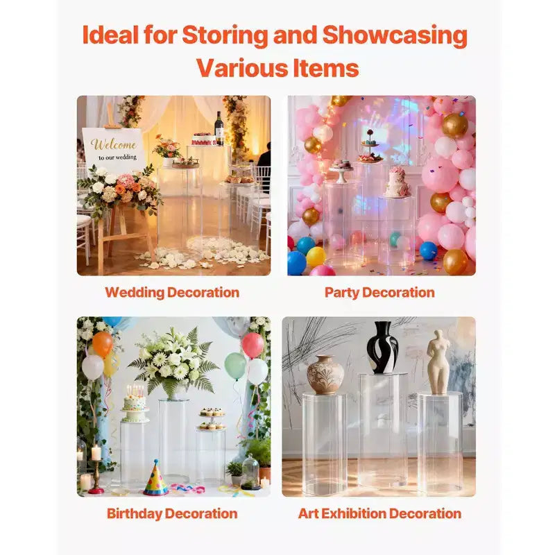VEVOR Wedding Flower Stand, 3PCS 23.62/29.53/35.43 inch Round Cylinder Plinth, with Transparent Acrylic Lid, Cylindrical Pedestal Stands,Clear