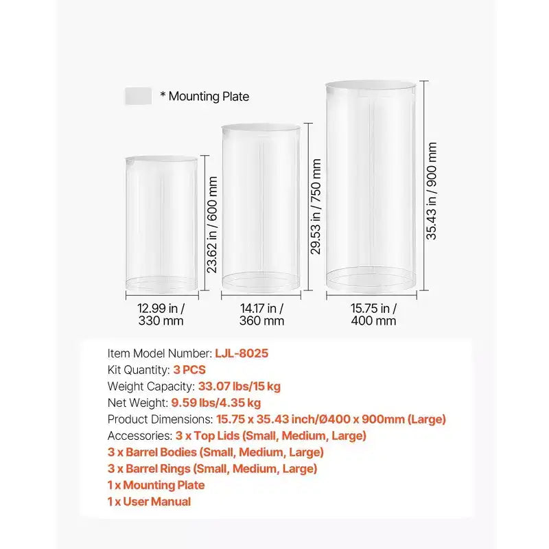 VEVOR Wedding Flower Stand, 3PCS 23.62/29.53/35.43 inch Round Cylinder Plinth, with Transparent Acrylic Lid, Cylindrical Pedestal Stands,Clear