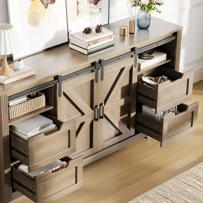 Rustic Farmhouse TV Stand Entertainment Center with Sliding Barn Doors, 4 Drawers, Adjustable Shelf & Cable Management, Perfect for Living Room