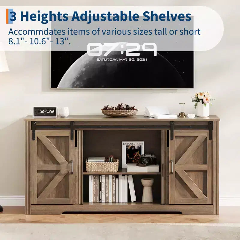 Rustic Farmhouse TV Stand Entertainment Center with Sliding Barn Doors, 4 Drawers, Adjustable Shelf & Cable Management, Perfect for Living Room