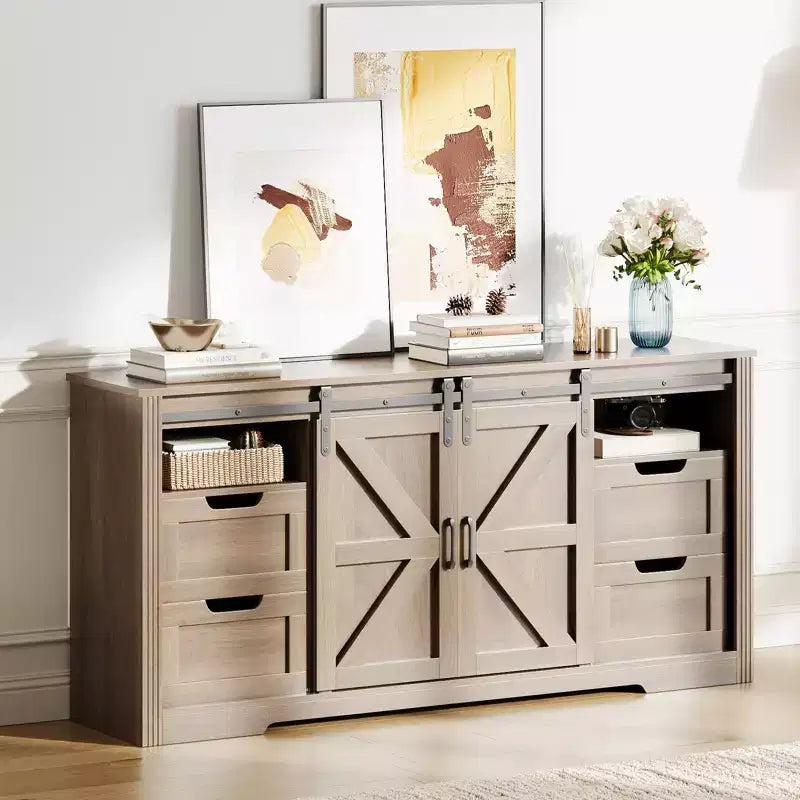 Rustic Farmhouse TV Stand Entertainment Center with Sliding Barn Doors, 4 Drawers, Adjustable Shelf & Cable Management, Perfect for Living Room