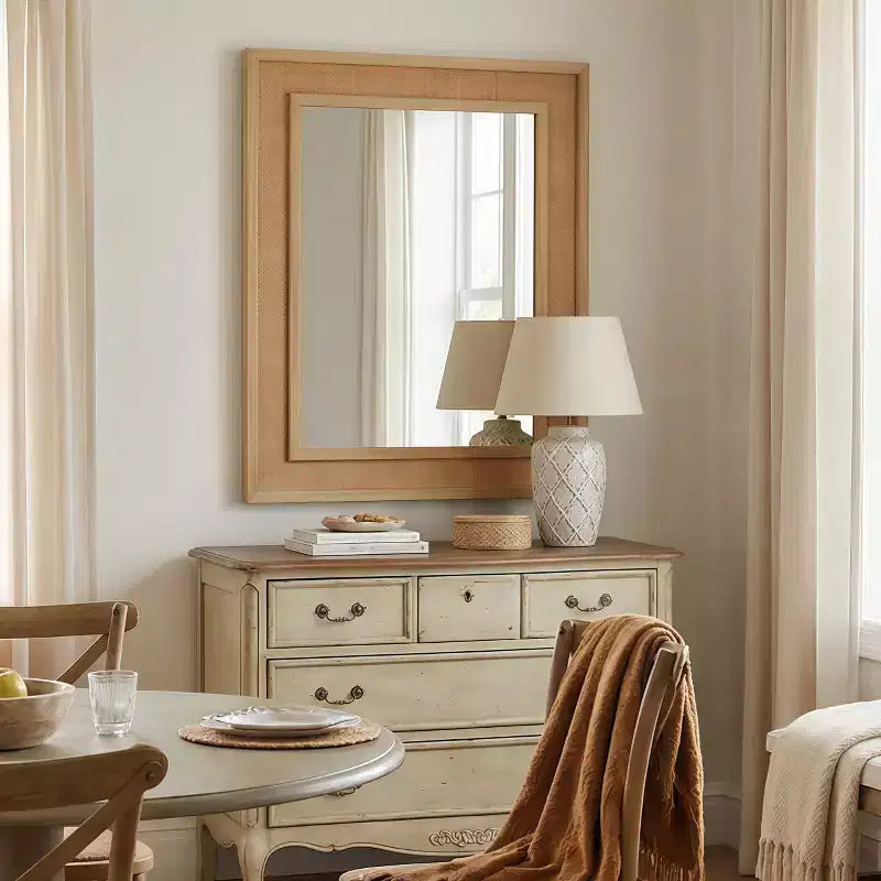GDFStudio Brielle Farmhouse Rattan Solid Wood Decorative Wall Mirror