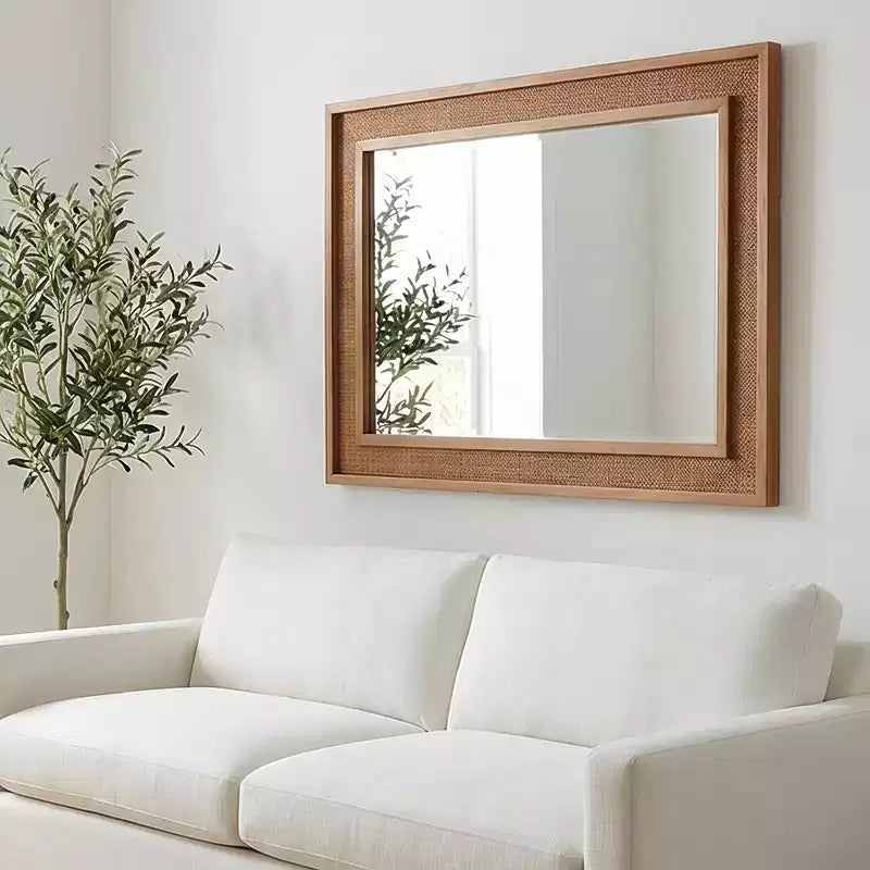 GDFStudio Brielle Farmhouse Rattan Solid Wood Decorative Wall Mirror