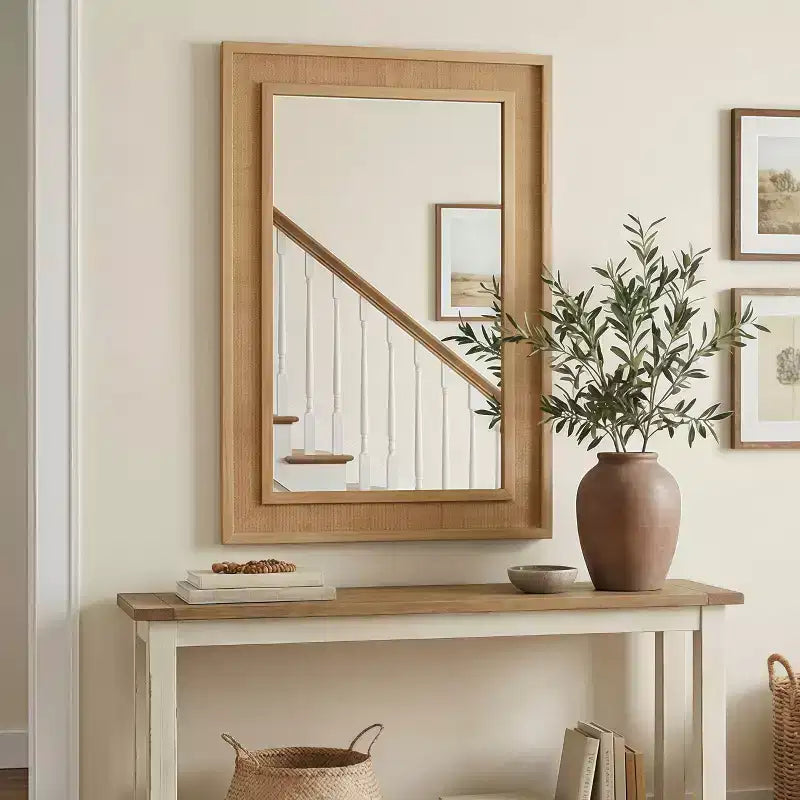 GDFStudio Brielle Farmhouse Rattan Solid Wood Decorative Wall Mirror