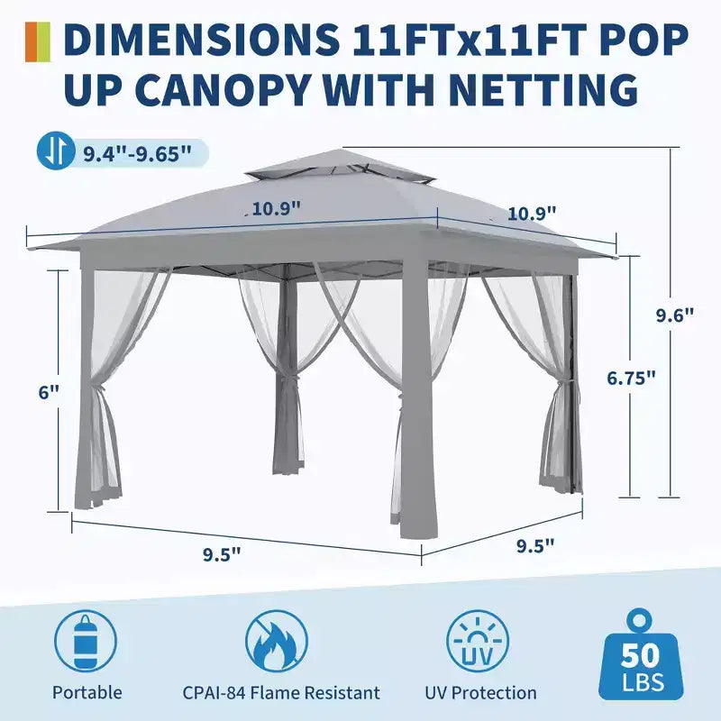 11x11 Pop-Up Instant Gazebo Tent with Mosquito Netting, Waterproof Outdoor Canopy Shelter for Backyard & Patio, Includes Portable Carrying Bag