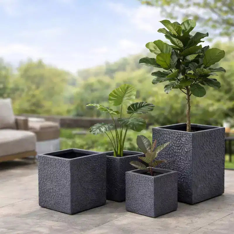 4-Piece Square Magnesium Oxide Planter Set with Drainage Holes, Modern Grey Indoor/Outdoor Plant Pots, Large Decorative Planters for Patio & Garden