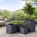 4-Piece Square Magnesium Oxide Planter Set with Drainage Holes, Modern Grey Indoor/Outdoor Plant Pots, Large Decorative Planters for Patio & Garden