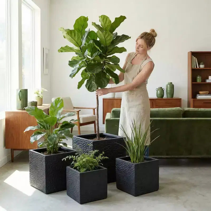 4-Piece Square Magnesium Oxide Planter Set with Drainage Holes, Modern Grey Indoor/Outdoor Plant Pots, Large Decorative Planters for Patio & Garden