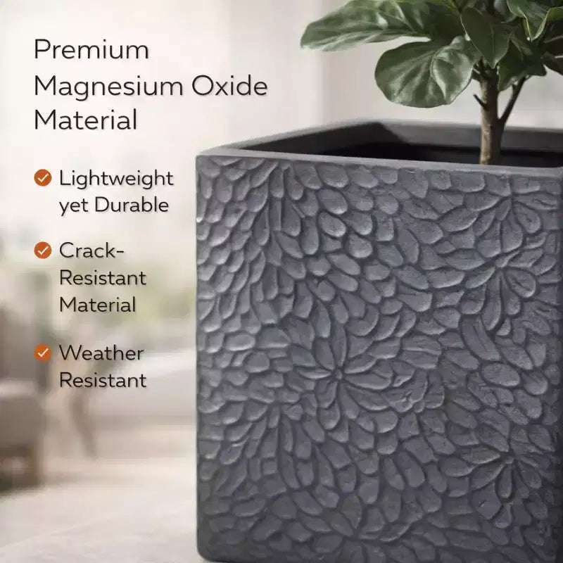 4-Piece Square Magnesium Oxide Planter Set with Drainage Holes, Modern Grey Indoor/Outdoor Plant Pots, Large Decorative Planters for Patio & Garden