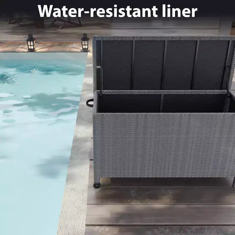 125 Gallon Large Deck Box Waterproof PE Rattan Outdoor Storage Box with Handles and Wheels, Storage Bin for Garden, Balcony, Porch, Pool, Yard