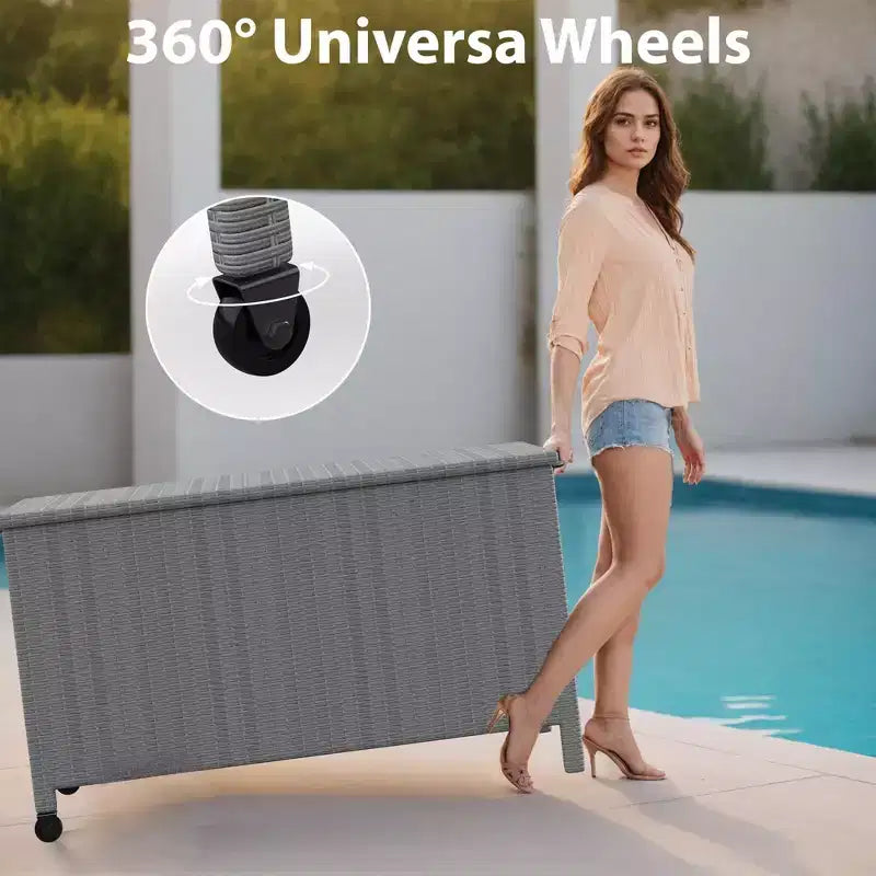 125 Gallon Large Deck Box Waterproof PE Rattan Outdoor Storage Box with Handles and Wheels, Storage Bin for Garden, Balcony, Porch, Pool, Yard