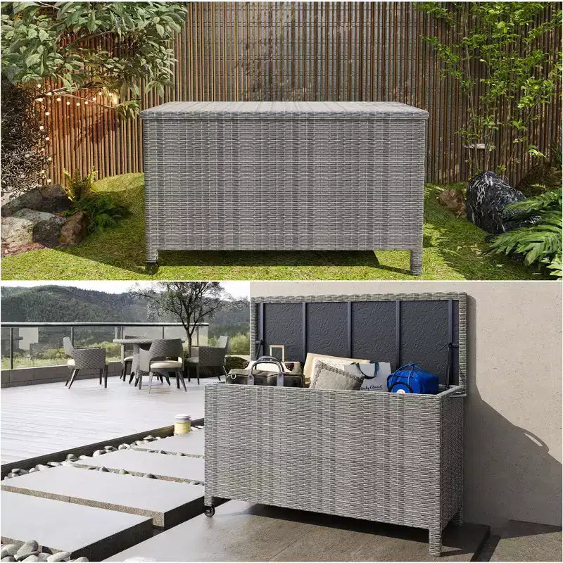 125 Gallon Large Deck Box Waterproof PE Rattan Outdoor Storage Box with Handles and Wheels, Storage Bin for Garden, Balcony, Porch, Pool, Yard