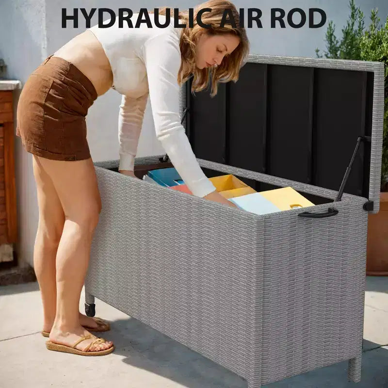 125 Gallon Large Deck Box Waterproof PE Rattan Outdoor Storage Box with Handles and Wheels, Storage Bin for Garden, Balcony, Porch, Pool, Yard