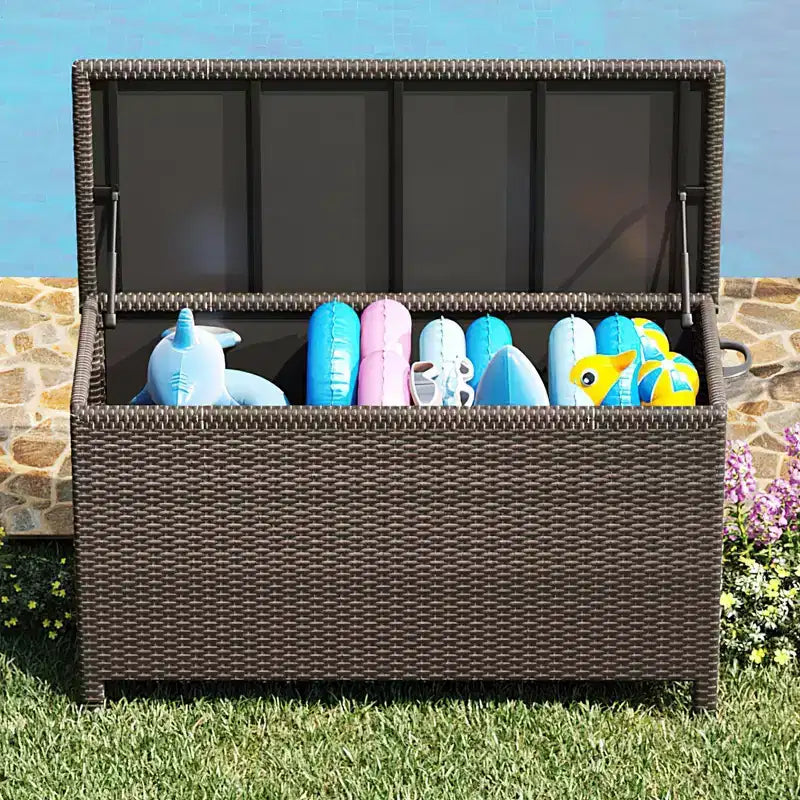 125 Gallon Large Deck Box Waterproof PE Rattan Outdoor Storage Box with Handles and Wheels, Storage Bin for Garden, Balcony, Porch, Pool, Yard