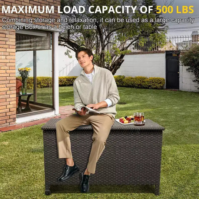 125 Gallon Large Deck Box Waterproof PE Rattan Outdoor Storage Box with Handles and Wheels, Storage Bin for Garden, Balcony, Porch, Pool, Yard