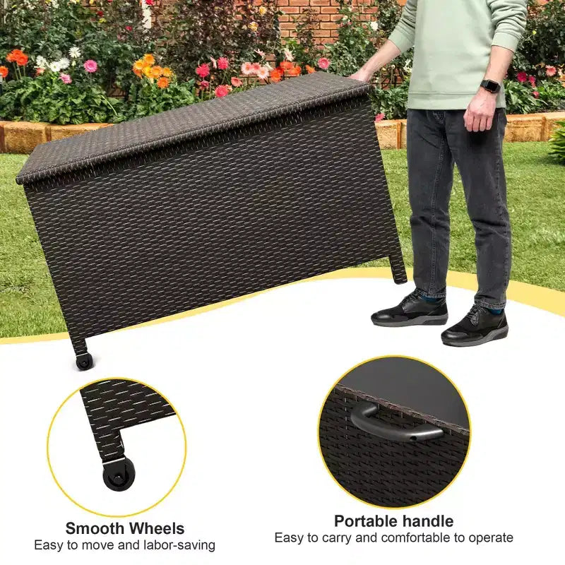 125 Gallon Large Deck Box Waterproof PE Rattan Outdoor Storage Box with Handles and Wheels, Storage Bin for Garden, Balcony, Porch, Pool, Yard