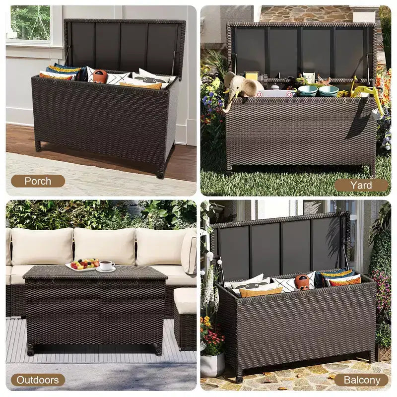 125 Gallon Large Deck Box Waterproof PE Rattan Outdoor Storage Box with Handles and Wheels, Storage Bin for Garden, Balcony, Porch, Pool, Yard