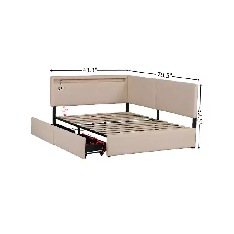 GDFStudio Camden Upholstered Corner Daybed with USB Charging Headboard and Tufted Back