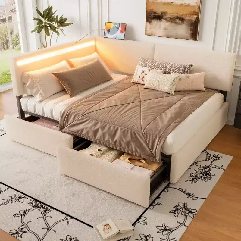 GDFStudio Camden Upholstered Corner Daybed with USB Charging Headboard and Tufted Back