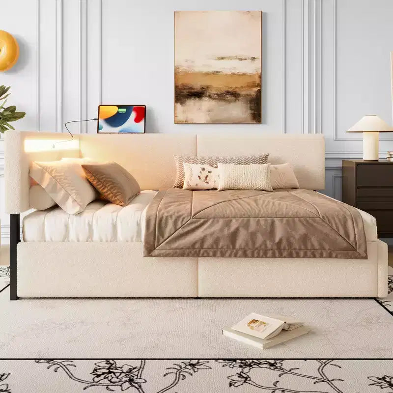 GDFStudio Camden Upholstered Corner Daybed with USB Charging Headboard and Tufted Back