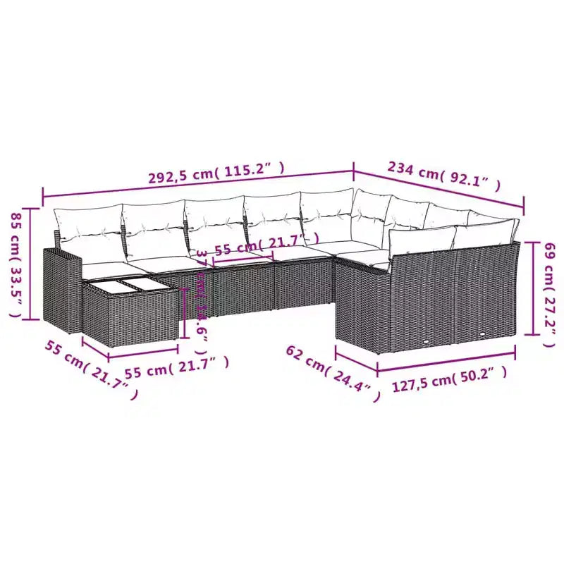 vidaXL Garden Sofa Set Black PE Rattan Medium to Large Adjustable Feet
