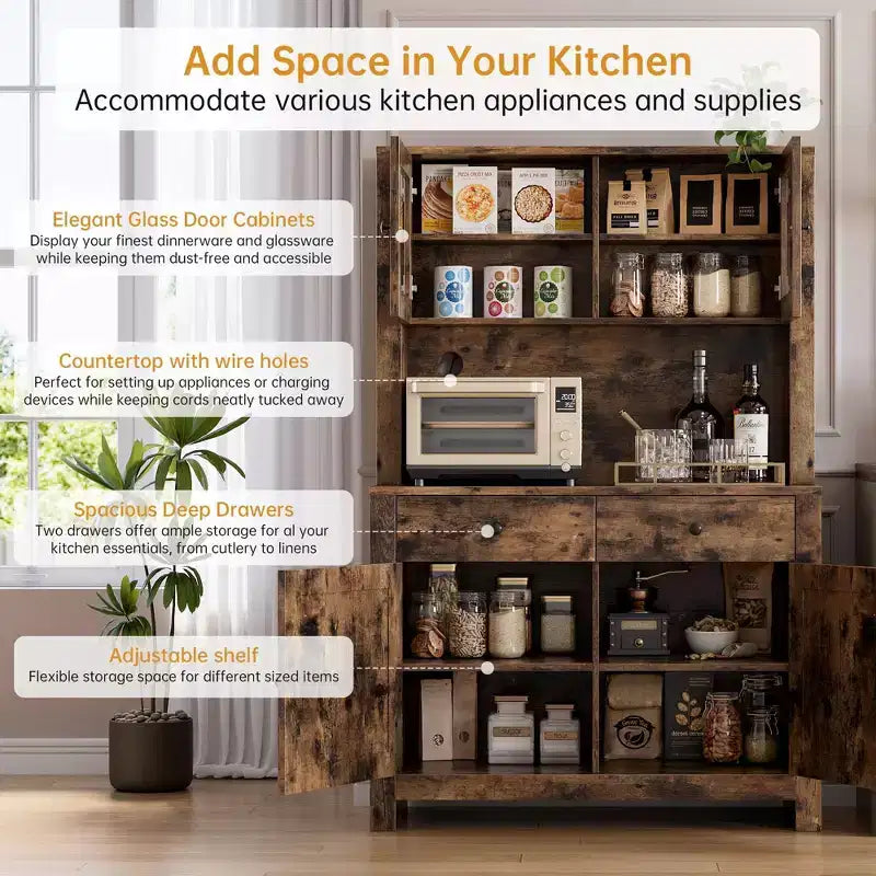 63 Kitchen Pantry Cabinet - Freestanding Hutch, Microwave Stand, 2 Drawers, 4 Doors, Adjustable Shelves, Kitchen Storage