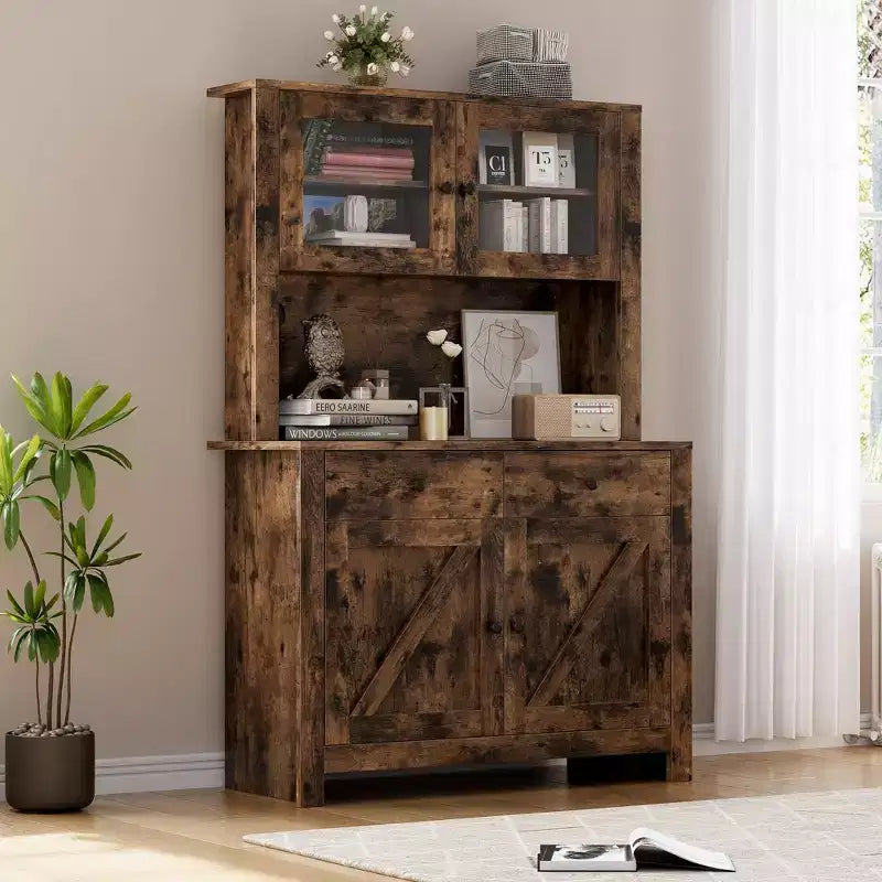 63 Kitchen Pantry Cabinet - Freestanding Hutch, Microwave Stand, 2 Drawers, 4 Doors, Adjustable Shelves, Kitchen Storage