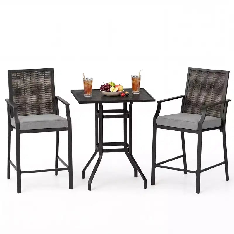 Gymax 3PCS Outdoor Bar Set High Top Patio Bar Table & Rattan Wicker Chairs w/Cushions