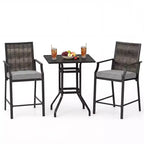 Gymax 3PCS Outdoor Bar Set High Top Patio Bar Table & Rattan Wicker Chairs w/Cushions