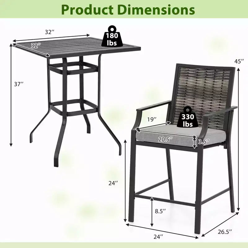 Gymax 3PCS Outdoor Bar Set High Top Patio Bar Table & Rattan Wicker Chairs w/Cushions