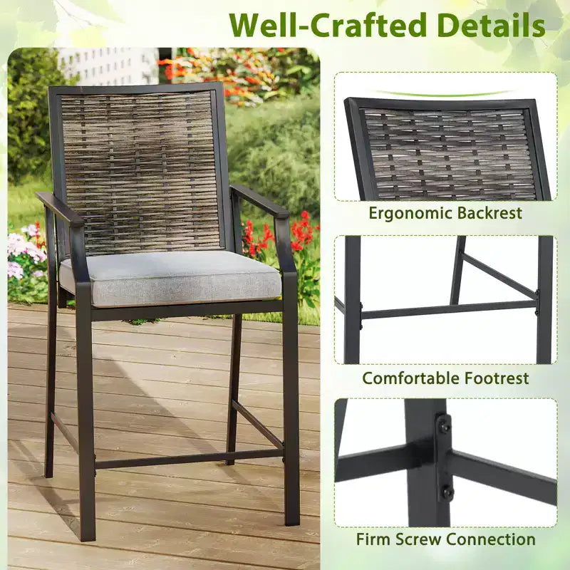 Gymax 3PCS Outdoor Bar Set High Top Patio Bar Table & Rattan Wicker Chairs w/Cushions