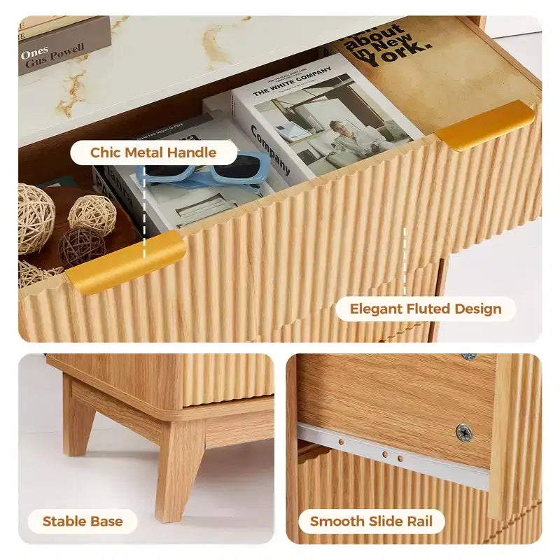 Modern Fluted 5 Drawer Dresser for Bedroom, Vertical Storage Tower with Gold Handles, Narrow Chest of Drawers for Small Space