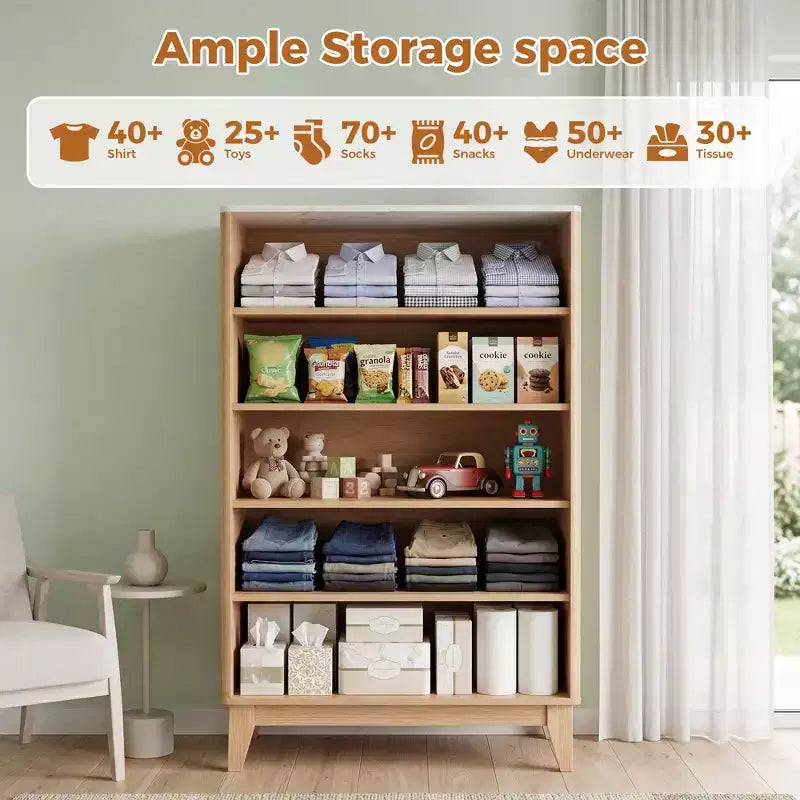 Modern Fluted 5 Drawer Dresser for Bedroom, Vertical Storage Tower with Gold Handles, Narrow Chest of Drawers for Small Space