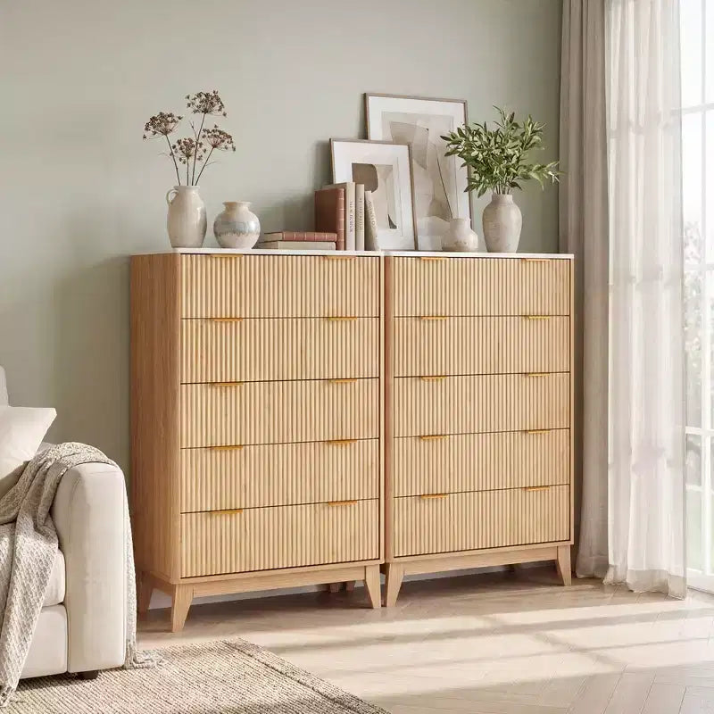 Modern Fluted 5 Drawer Dresser for Bedroom, Vertical Storage Tower with Gold Handles, Narrow Chest of Drawers for Small Space