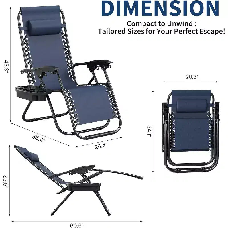 CuisinSmart Zero-Gravity Chairs Set of 2. Adjustable Reclining Patio Chairs with Pillow&Cup Holder Tray. Folding Portable Antigravity Chairs