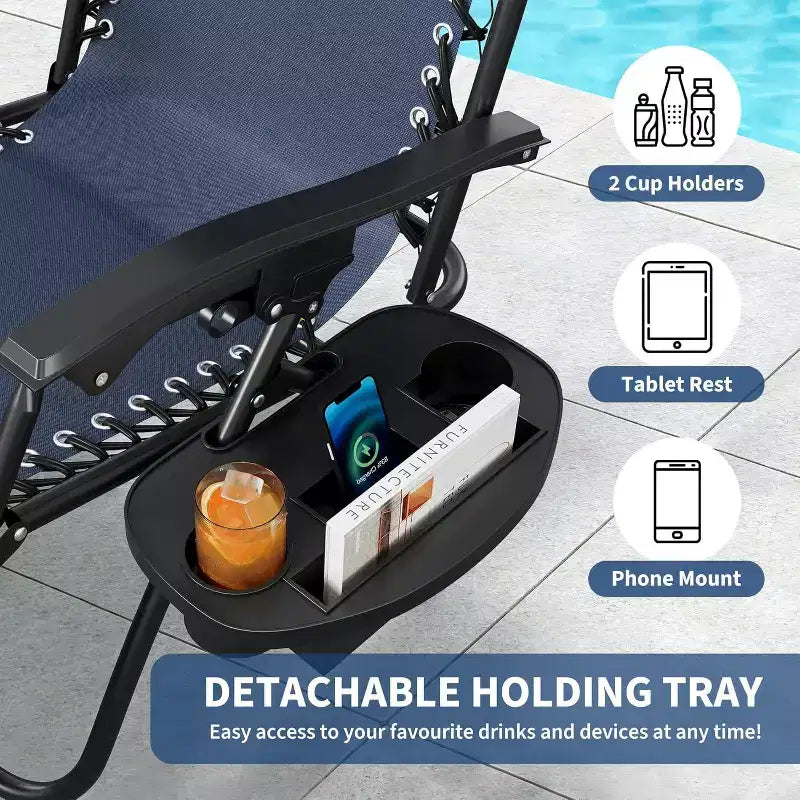 CuisinSmart Zero-Gravity Chairs Set of 2. Adjustable Reclining Patio Chairs with Pillow&Cup Holder Tray. Folding Portable Antigravity Chairs