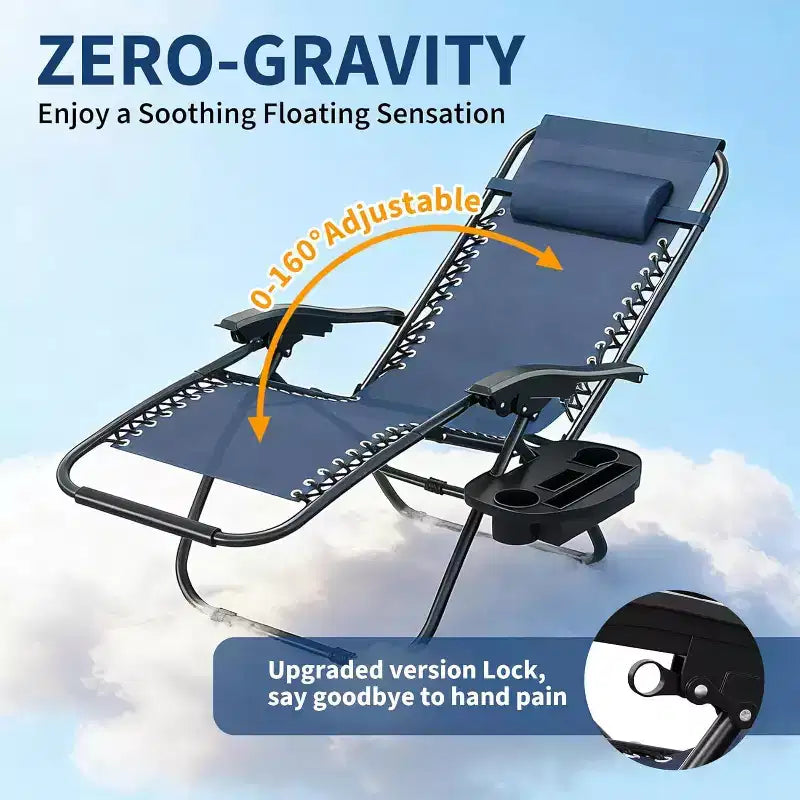 CuisinSmart Zero-Gravity Chairs Set of 2. Adjustable Reclining Patio Chairs with Pillow&Cup Holder Tray. Folding Portable Antigravity Chairs