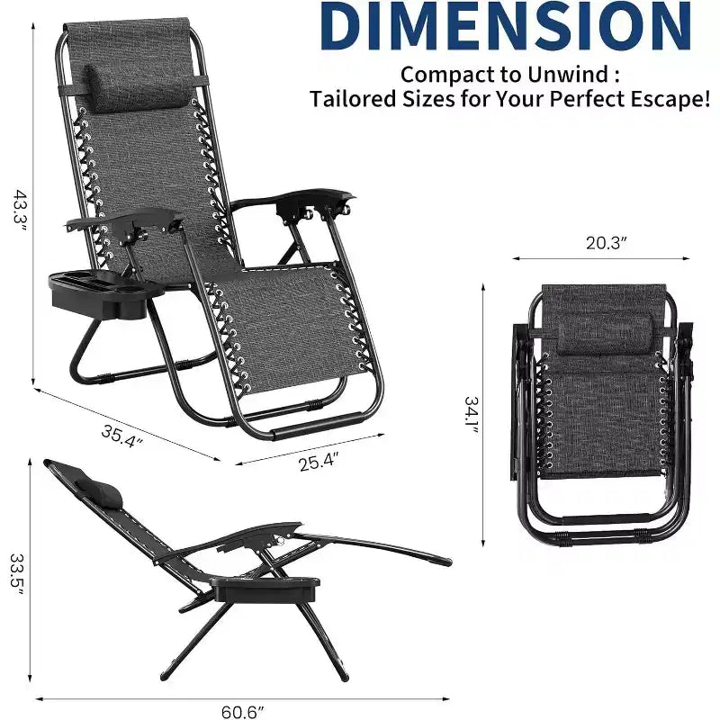 CuisinSmart Zero-Gravity Chairs Set of 2. Adjustable Reclining Patio Chairs with Pillow&Cup Holder Tray. Folding Portable Antigravity Chairs
