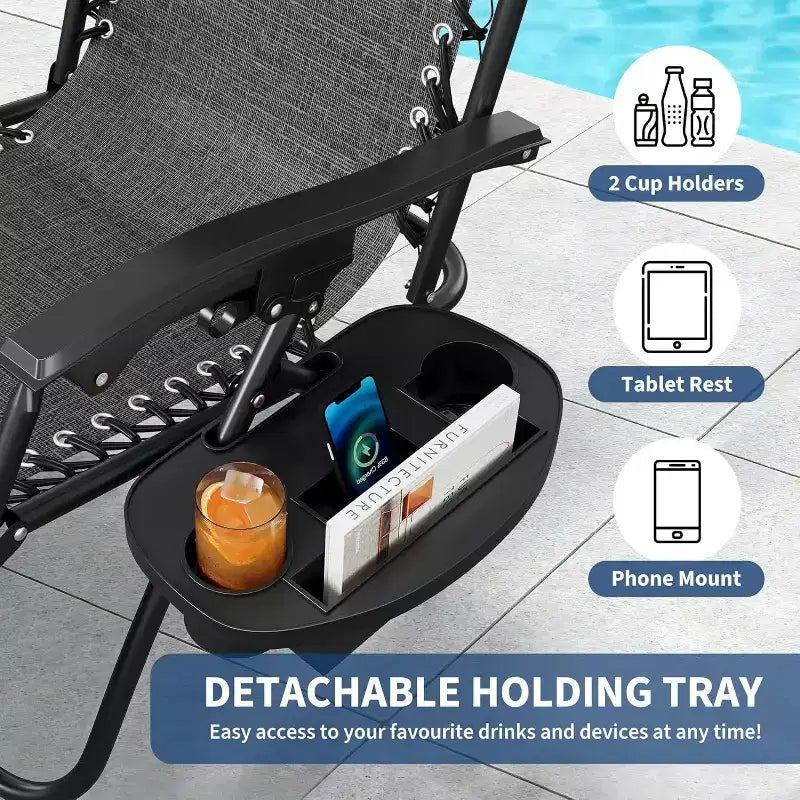 CuisinSmart Zero-Gravity Chairs Set of 2. Adjustable Reclining Patio Chairs with Pillow&Cup Holder Tray. Folding Portable Antigravity Chairs