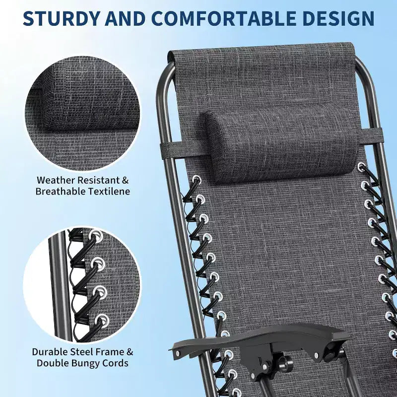 CuisinSmart Zero-Gravity Chairs Set of 2. Adjustable Reclining Patio Chairs with Pillow&Cup Holder Tray. Folding Portable Antigravity Chairs