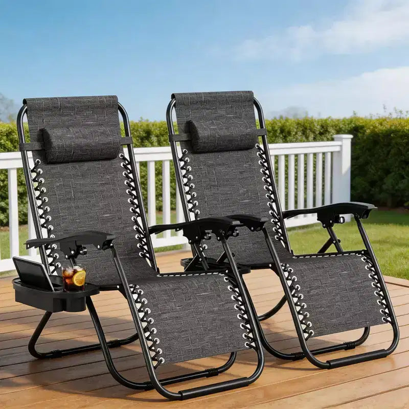 CuisinSmart Zero-Gravity Chairs Set of 2. Adjustable Reclining Patio Chairs with Pillow&Cup Holder Tray. Folding Portable Antigravity Chairs