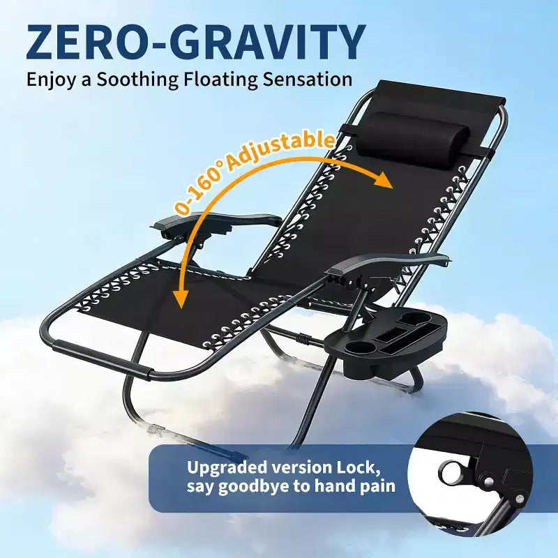 CuisinSmart Zero-Gravity Chairs Set of 2. Adjustable Reclining Patio Chairs with Pillow&Cup Holder Tray. Folding Portable Antigravity Chairs