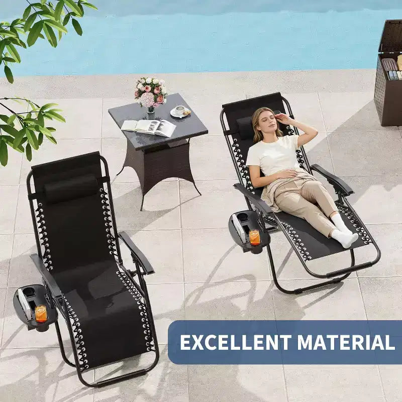 CuisinSmart Zero-Gravity Chairs Set of 2. Adjustable Reclining Patio Chairs with Pillow&Cup Holder Tray. Folding Portable Antigravity Chairs