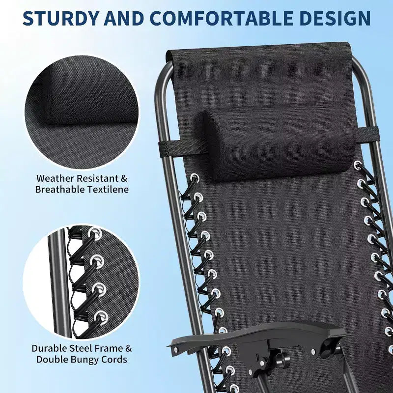 CuisinSmart Zero-Gravity Chairs Set of 2. Adjustable Reclining Patio Chairs with Pillow&Cup Holder Tray. Folding Portable Antigravity Chairs