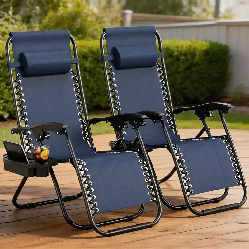 CuisinSmart Zero-Gravity Chairs Set of 2. Adjustable Reclining Patio Chairs with Pillow&Cup Holder Tray. Folding Portable Antigravity Chairs